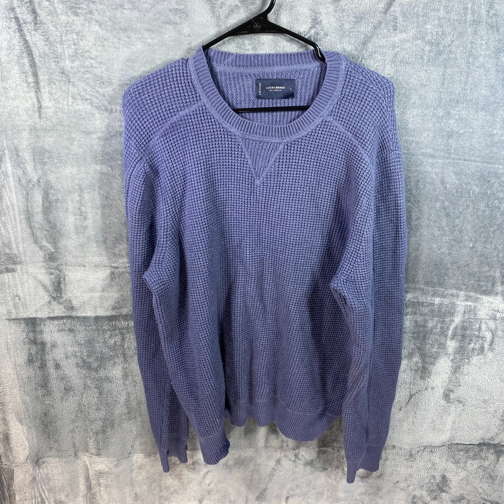 Lucky Brand Sweater Mens Large Blue Waffle Knit Thermal Crewneck Pullover Cotton